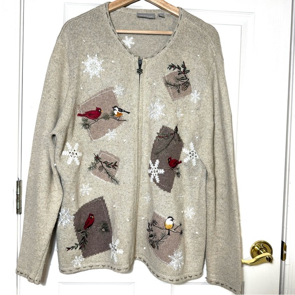 Croft & Barrow Beige Bird embroidery Silk Blended Cardigan Holiday Quirky - Picture 2 of 8